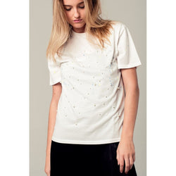 Paint drops and pearl embellishment white t-shirt - AsDidy fashion